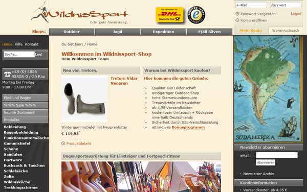 Ein Screenshot des Outdoor-Online-Shops Wildnissport.de