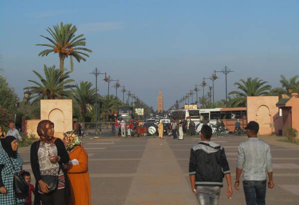Foto in den Menara-Gärten von Marrakesch mit Blick auf die Moschee